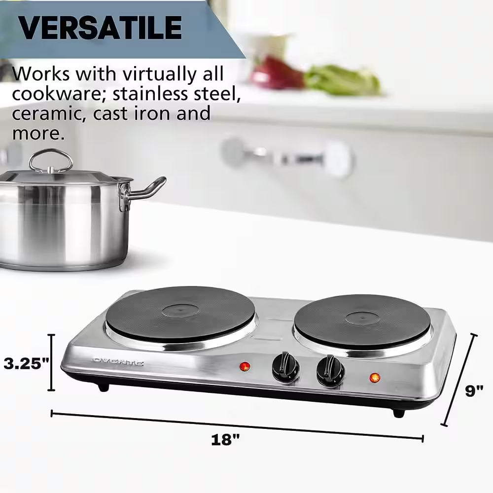 Ovente Electric Double Cast Iron Burner with Temperature Knob - Silver