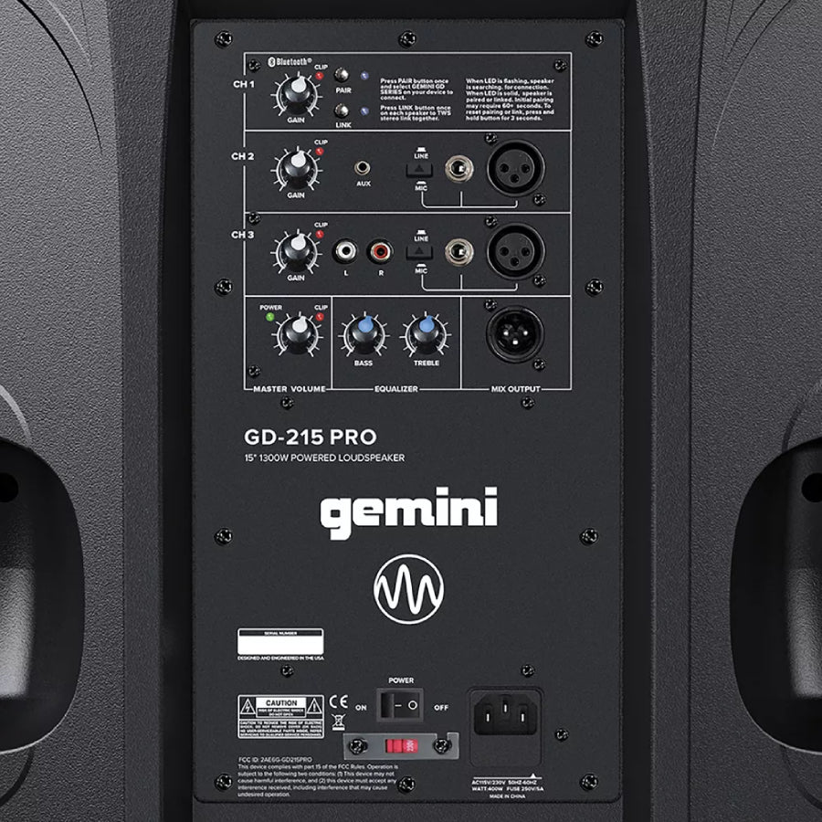 Gemini GD-215PRO 15" 1200W 2-Way Professional Powered PA Bluetooth Speaker - Black