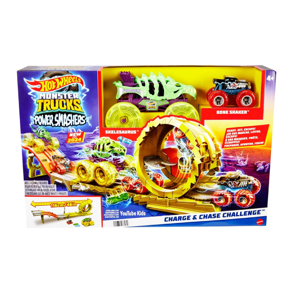 Set de juego de desafío de carga y persecución de Hot Wheels Monster Trucks Power Smashers