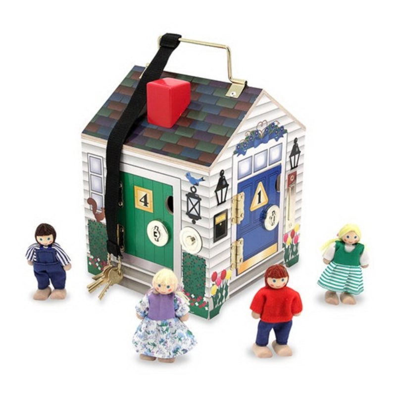 Melissa & Doug Take-Along Wooden Doorbell Dollhouse with 4 Poseable Dolls