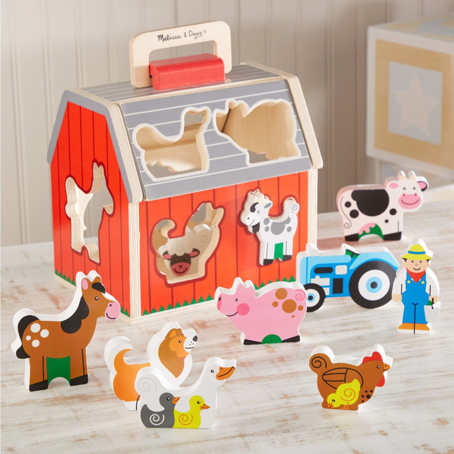 Melissa & Doug Take-Along Wooden Sorting Barn with Flip-Up Roof and Handle