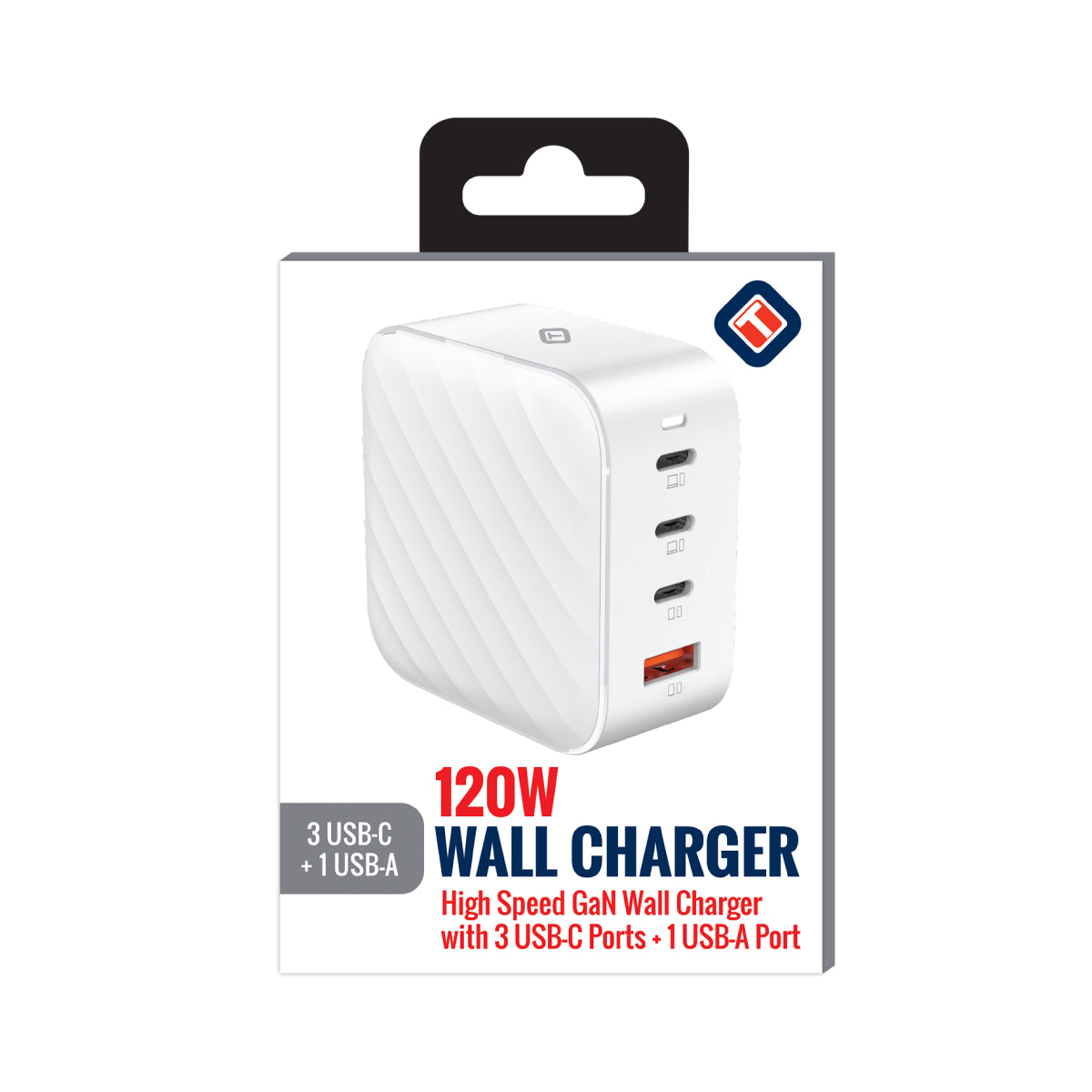 Cargador de pared multipuerto GaN de 120 W de Tekya, color blanco