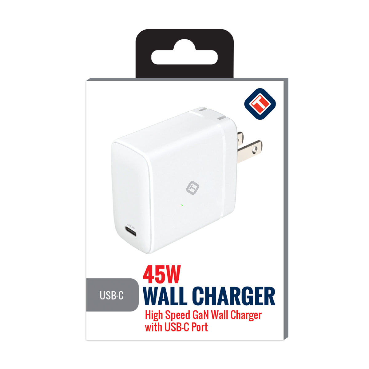 Cargador de pared con un solo puerto USB-C GaN de 45 W de Tekya, color blanco