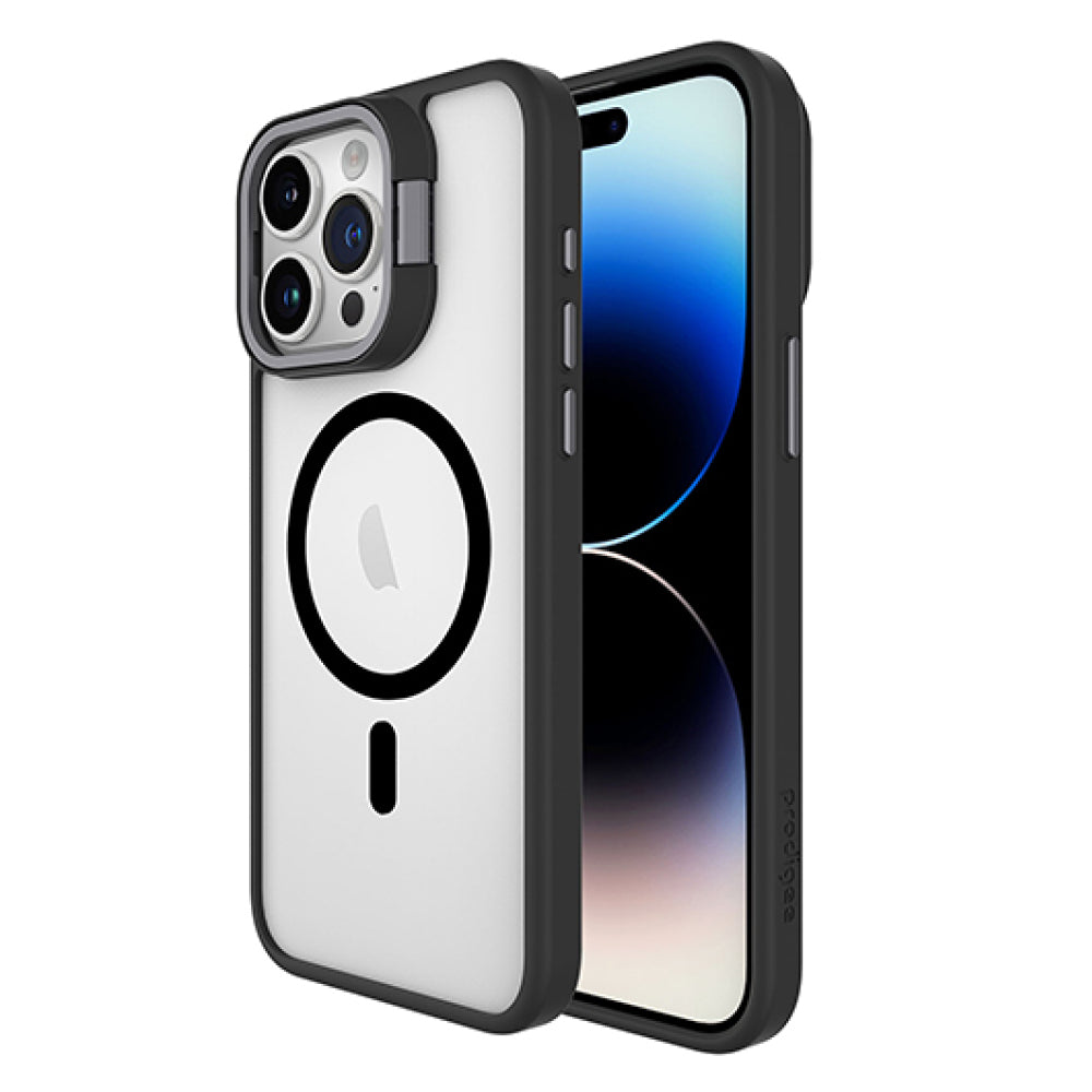 Estuche Prodigee Kickit MageSafe con marco de lente exclusivo y soporte para iPhone 15 Pro Max - Negro