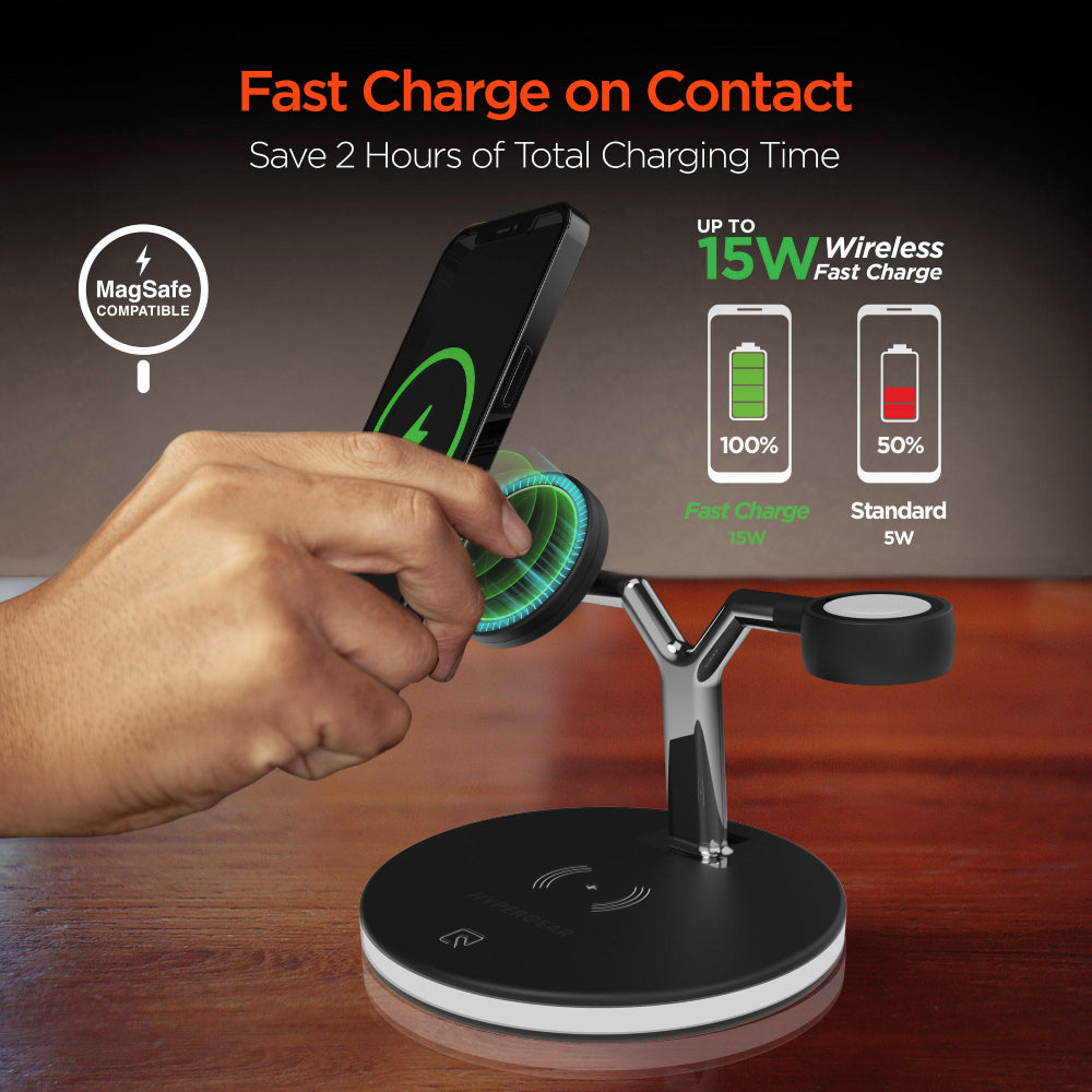 HyperGear MaxCharge 3-in-1 Wireless Charging Stand with 15W Magnetic Wireless Fast Charge - Black