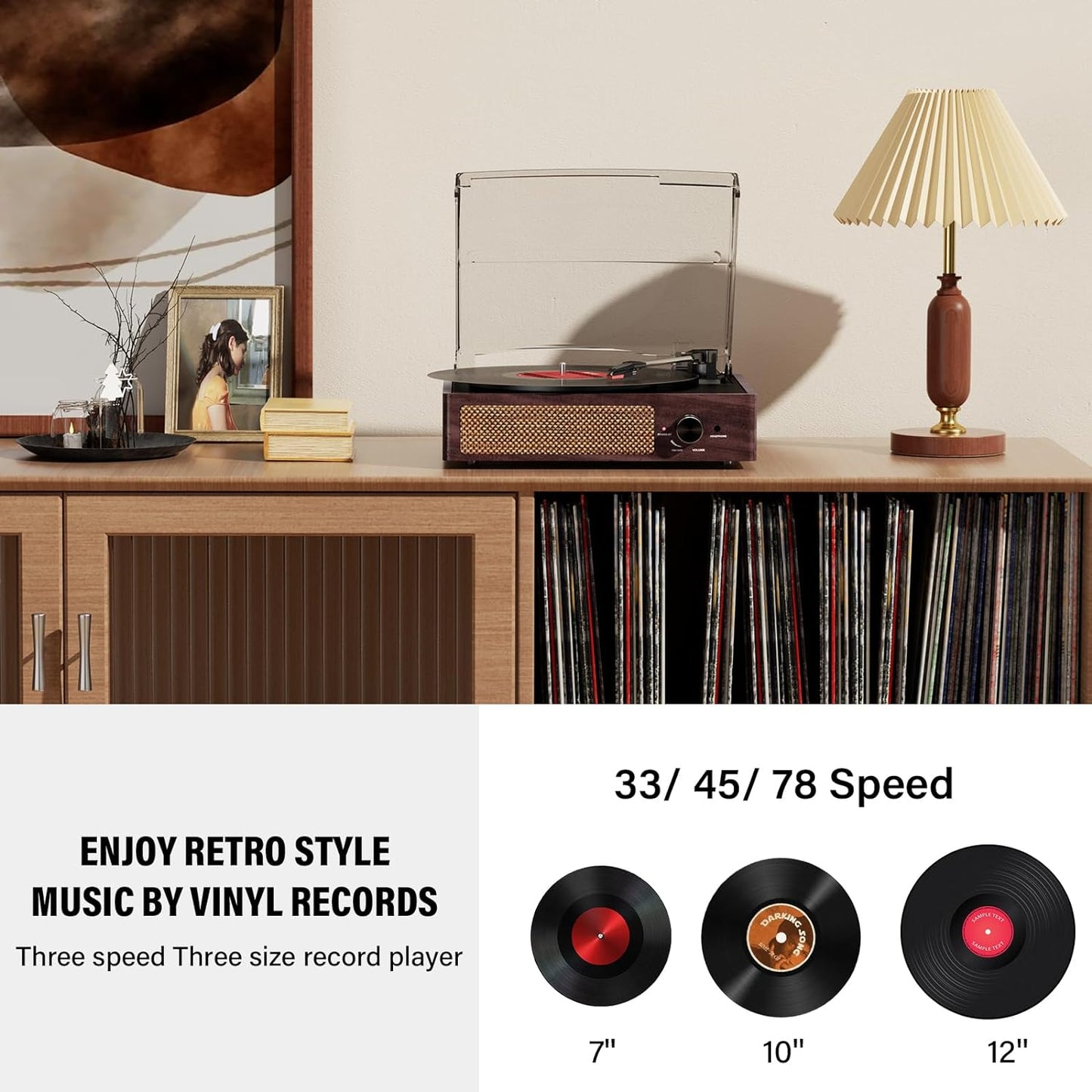 Vinyl Record Player Turntable with Built-in Bluetooth Receiver