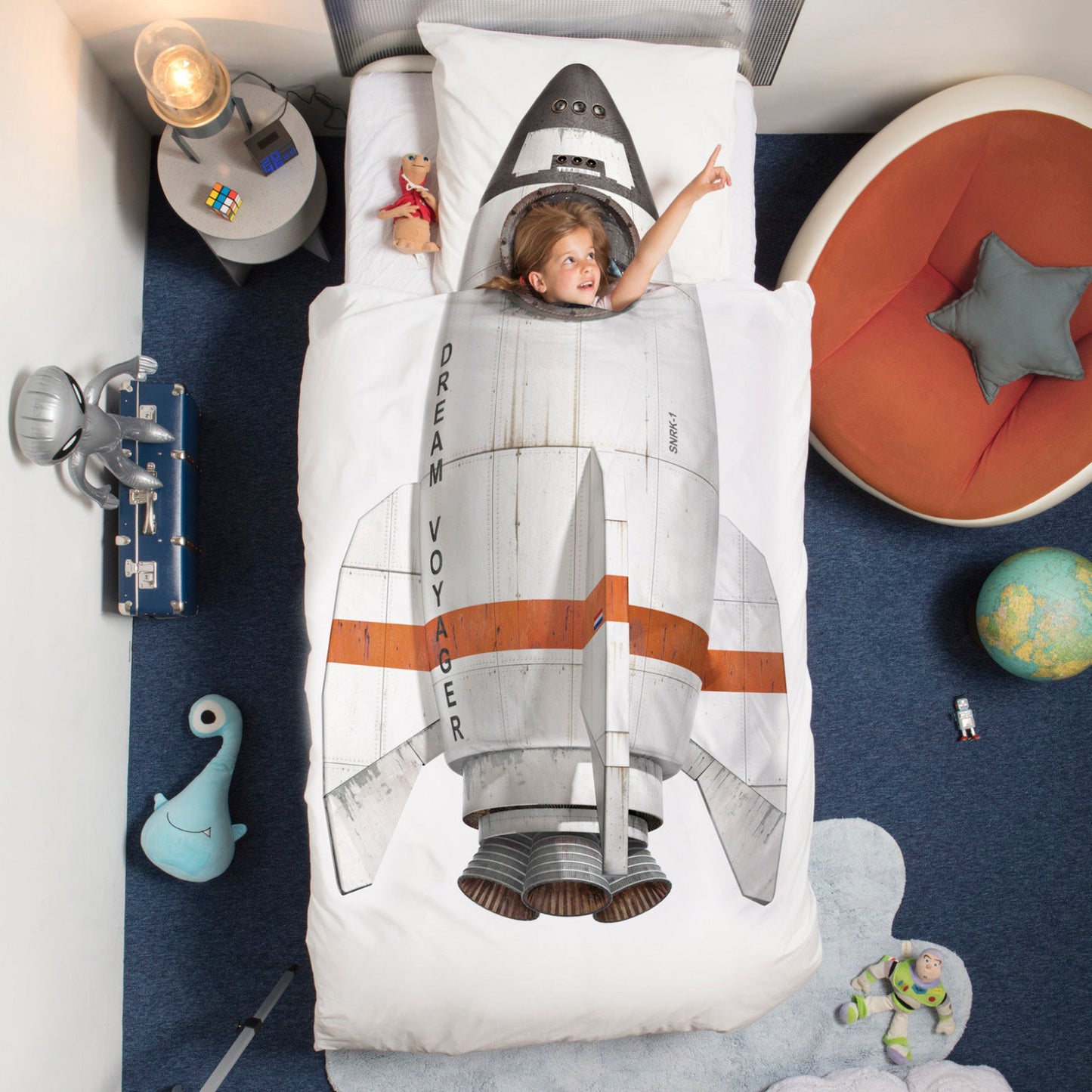 Snurk Twin Size 2-Piece Rocket Duvet Cover Set - White/Gray