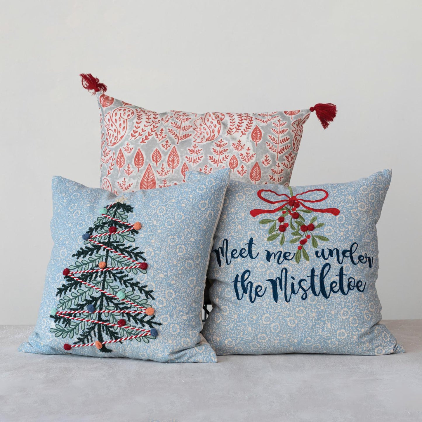 Creative Co-Op 18" Square Cotton Printed Slub Pillow with Christmas Tree - Multicolor