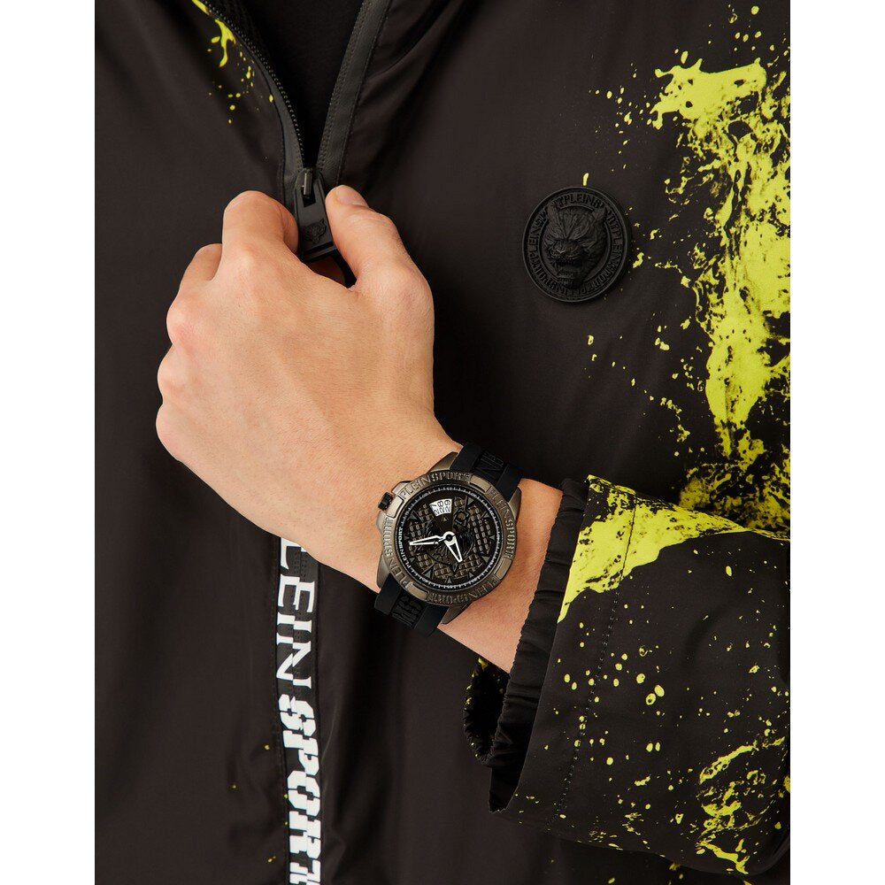 Reloj de cuarzo para hombre Plein Sport Touchdown de 44 mm con correa de piel, color negro