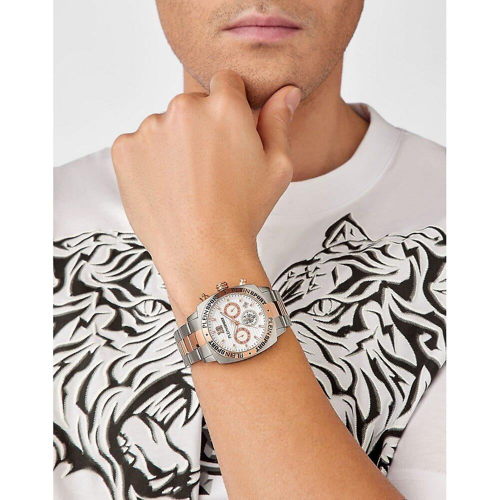 Reloj cronógrafo Plein Sport Wildcat para hombre, de cuarzo, de 40 mm, con pulsera plateada y dorada, esfera blanca