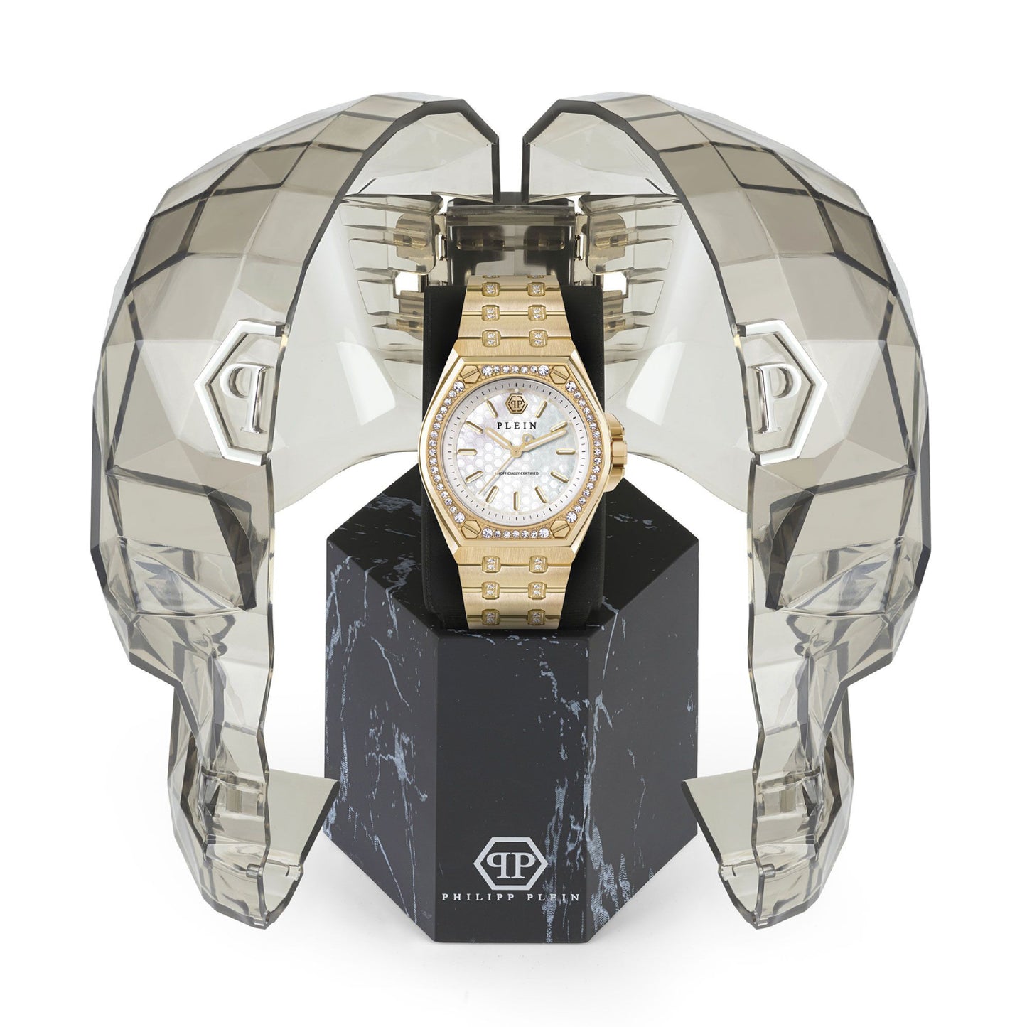 Reloj Philipp Plein Extreme Crystal para mujer, pulsera de oro amarillo de 38 mm con tres manecillas y esfera blanca