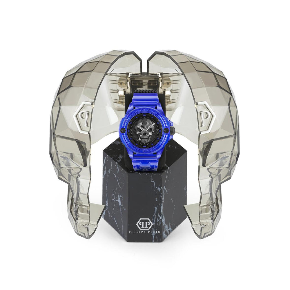 Reloj de hombre Philipp Plein The Skull de 45 mm con correa azul y tres manecillas, esfera negra