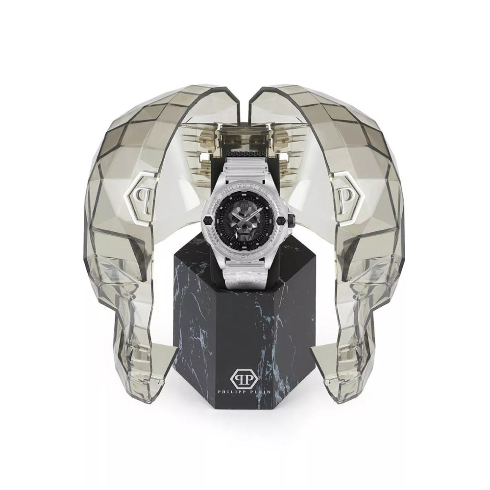 Reloj de hombre Philipp Plein The Skull de 45 mm con correa blanca y tres manecillas, esfera negra