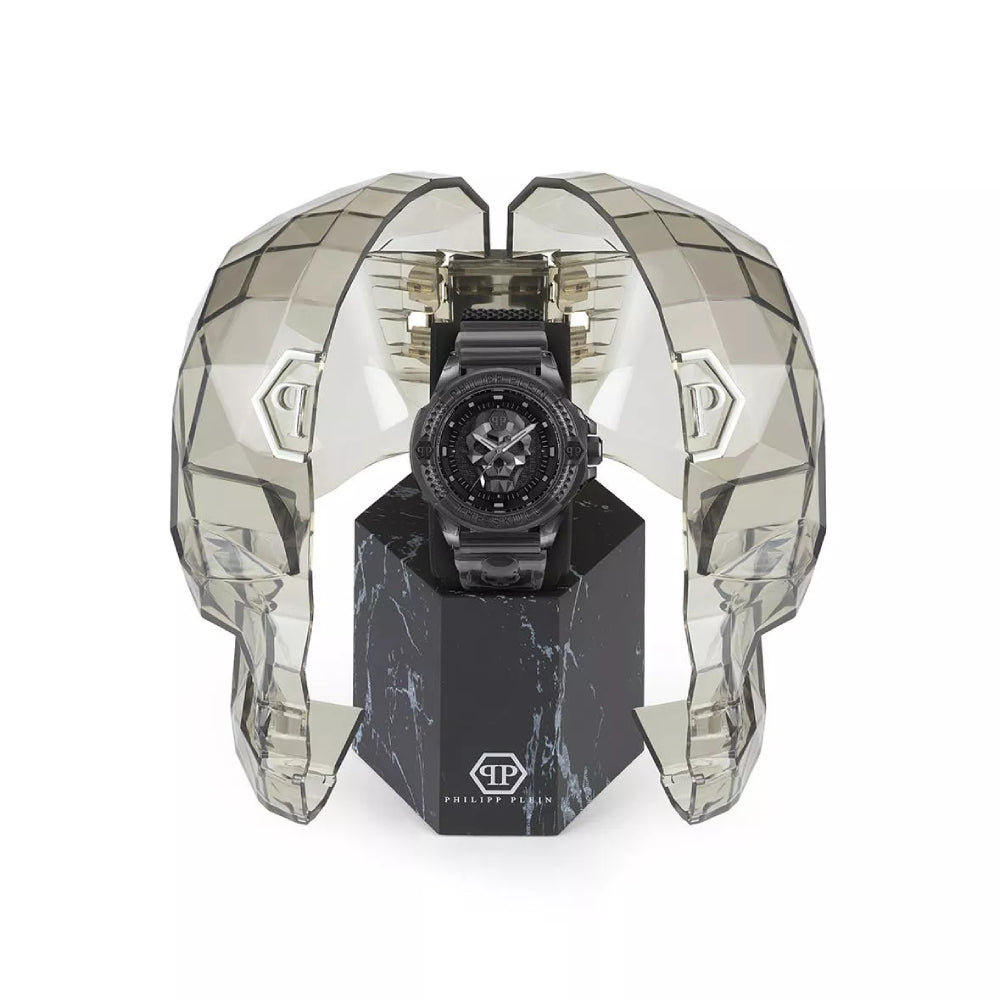 Reloj de hombre Philipp Plein The Skull de piel sintética con correa de tres manecillas de 45 mm, color negro