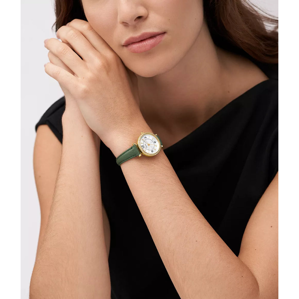 Reloj Fossil Carlie para mujer, correa verde de 28 mm y tres manecillas, esfera plateada