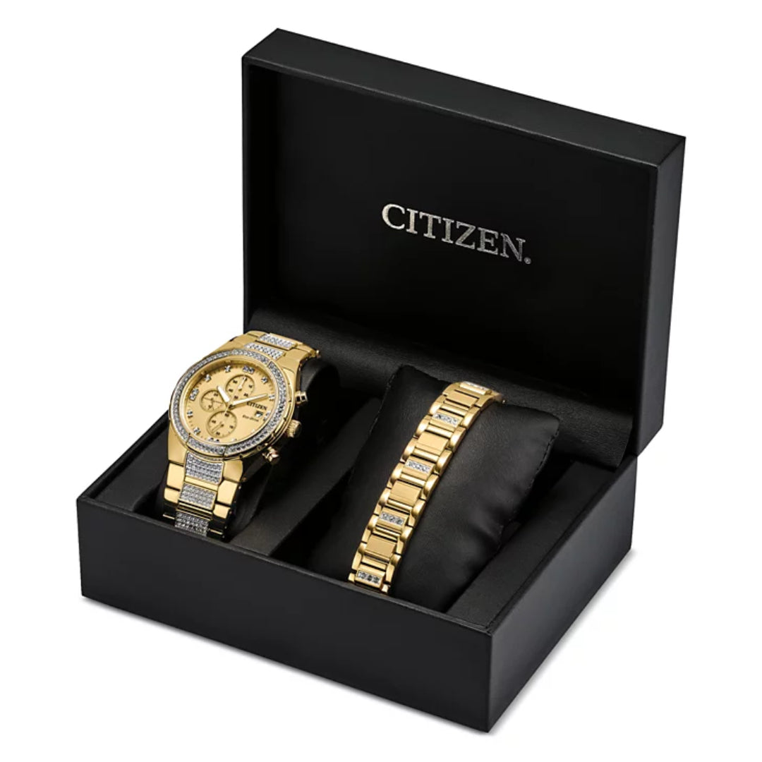 Citizen Eco-Drive Men's Chronograph Crystal Gold-Tone Stainless Steel Bracelet Watch 42mm Gift Set