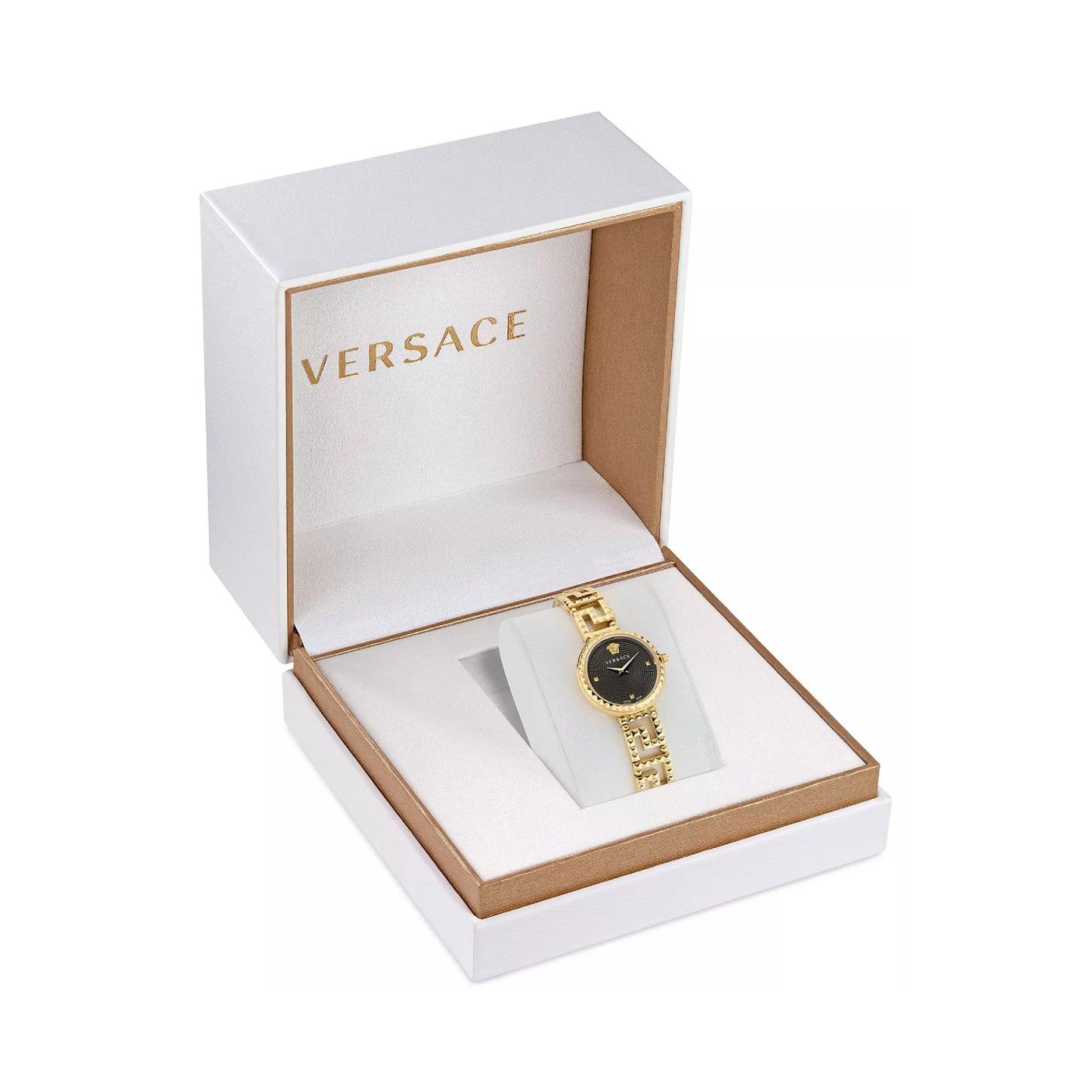 Versace Greca Goddess Women's 28mm Swiss Gold Bracelet Watch - Black Dial