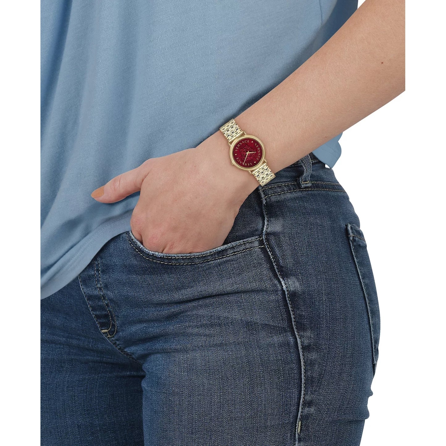 Reloj Versace V-Dollar para mujer con pulsera de oro suizo de 37 mm y esfera roja