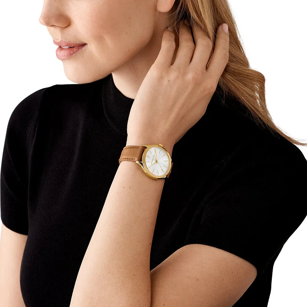 Reloj Michael Kors Slim Runway para mujer, correa marrón de 38 mm y esfera blanca