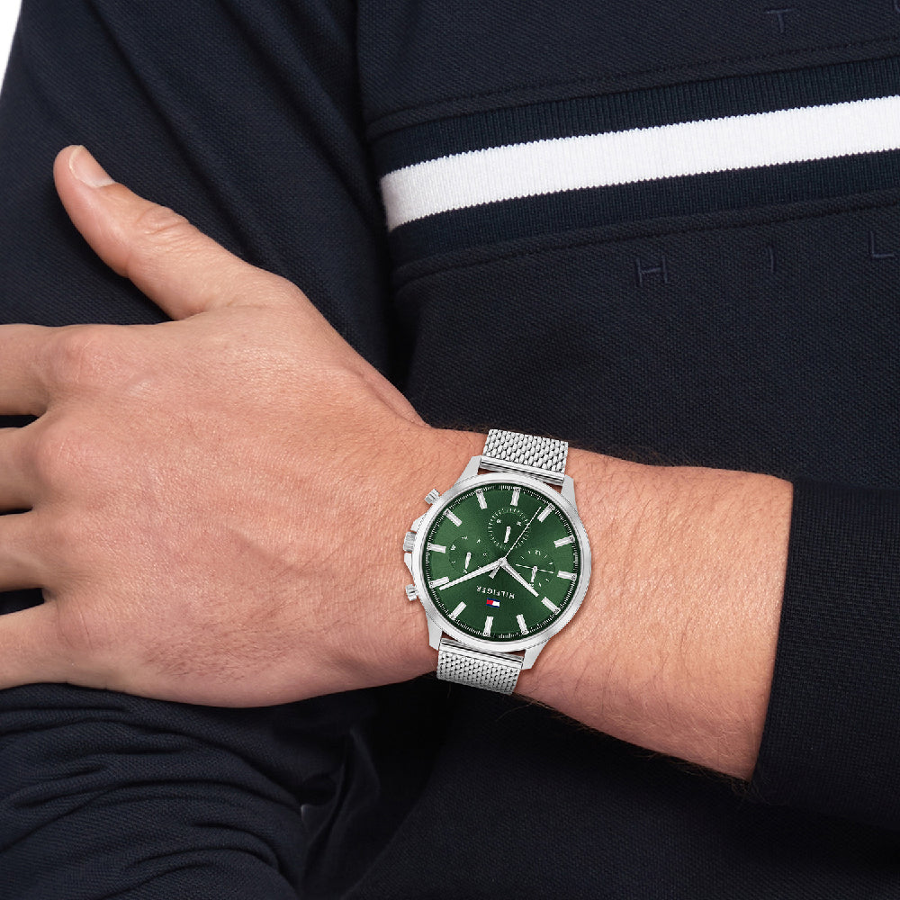Reloj de cuarzo con pulsera de malla de acero inoxidable de 44 mm para hombre de Tommy Hilfiger Ryder, esfera verde