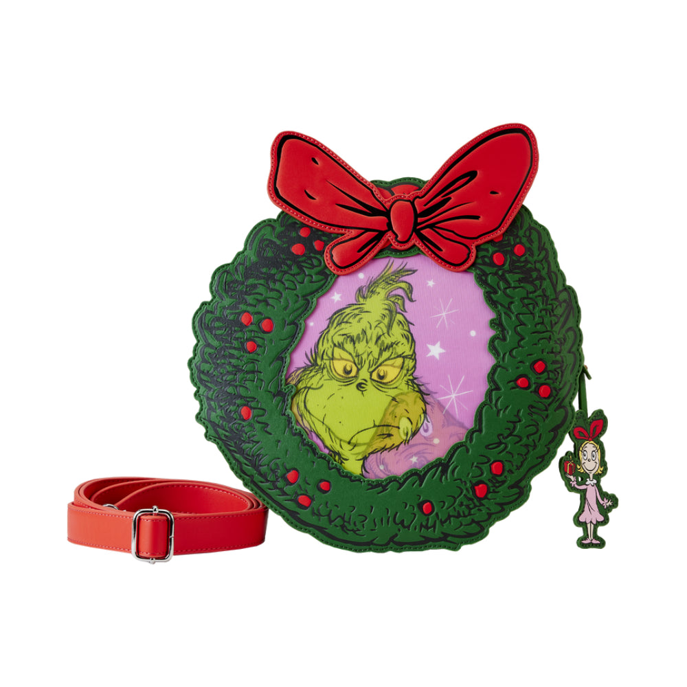 Bolso bandolera con corona de flores de la colección Dr. Seuss' How the Grinch Stole Christmas! de Loungefly