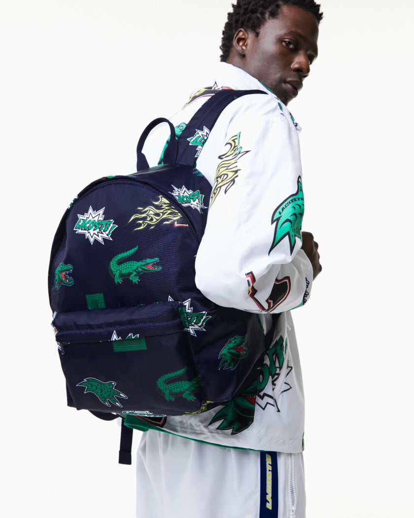 Mochila con estampado de efecto cómic de Lacoste, azul marino