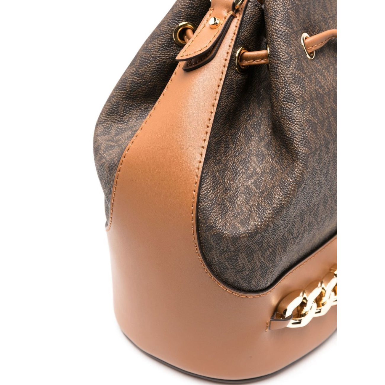 Bolso tipo cubo mediano con logotipo Devon de Michael Kors, marrón/bellota