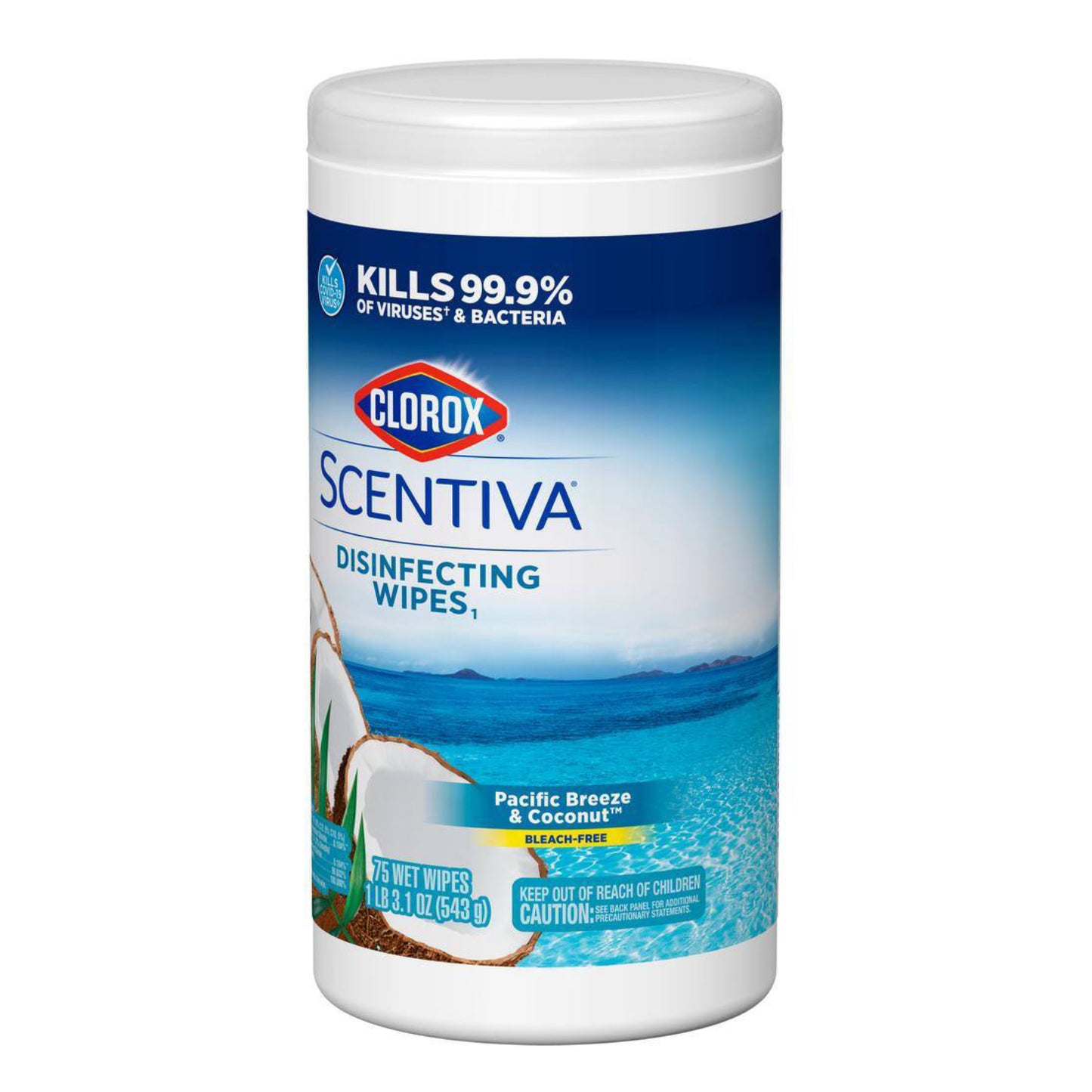 Toallitas desinfectantes sin blanqueador Clorox Scentiva Pacific Breeze y Coconut (75 unidades)