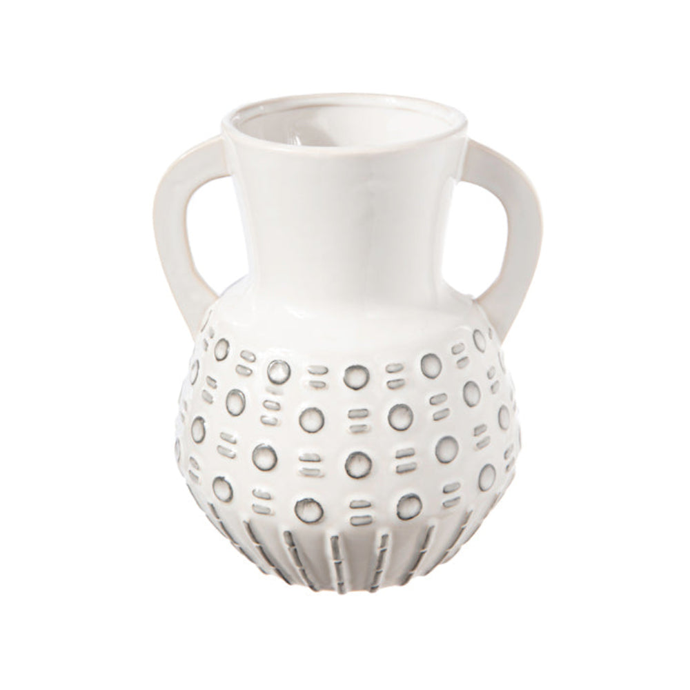 Urban Trends Collection 9" Round Bellied Ceramic Vase with Side Handles, Trumpet Mouth and Embossed Bubble Pattern - White