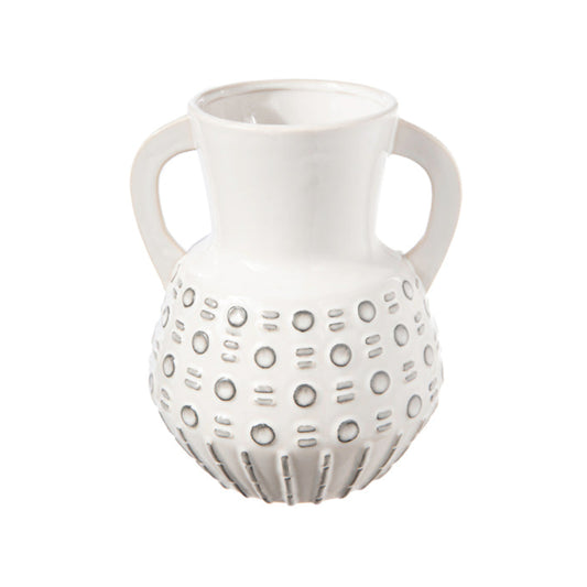 Urban Trends Collection 9" Round Bellied Ceramic Vase with Side Handles, Trumpet Mouth and Embossed Bubble Pattern - White
