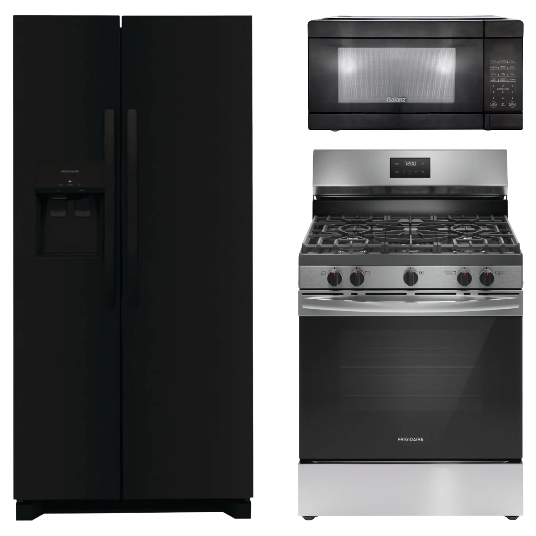 Bundle: Frigidaire 30" Gas Range + Galanz GLCMWP11BK10 1.1 cu. ft. Counter Top Microwave + Frigidaire FRSS2323AB 22 cu. ft. Side-by-Side Refrigerator