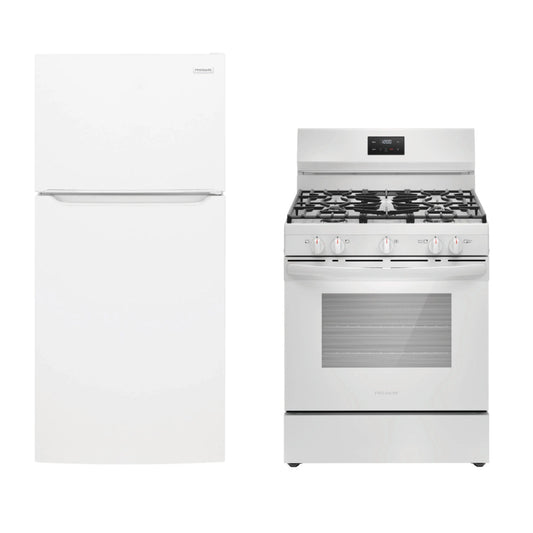Bundle: Frigidaire 18 cu. ft. Garage Ready Top Freezer Refrigerator with EvenTemp Cooling System + 30" Gas Range with Quick Boil Burner - White
