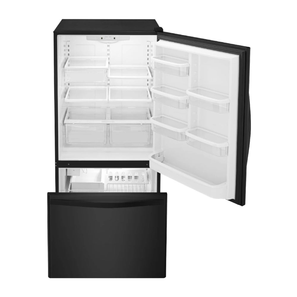 Bundle: Whirlpool 18.7 cu. ft. Bottom-Freezer Refrigerator with SpillGuard Glass Shelves - Black + Chandler (6-Piece) Dining Table Set by Vilo Home - Gray