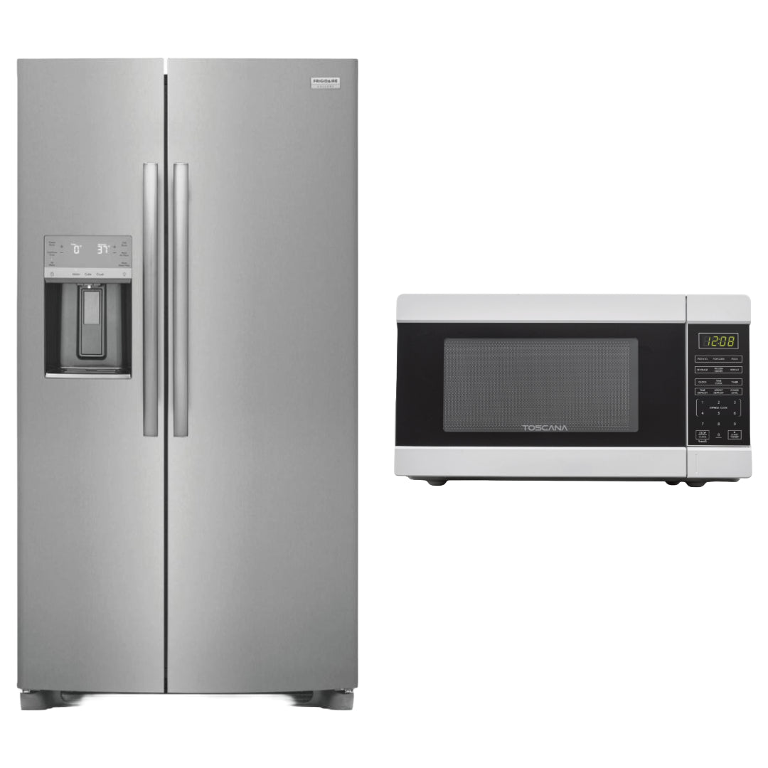 Paquete: refrigerador de dos puertas verticales de profundidad estándar Frigidaire Gallery GRSS2652AF de 25,6 pies cúbicos + horno microondas de encimera Toscana TCCMWP11WE1 de 1,1 pies cúbicos y 1000 vatios