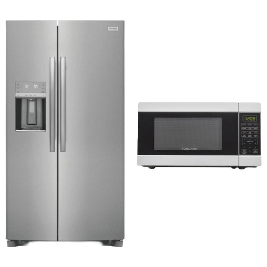 Paquete: refrigerador de dos puertas verticales de profundidad estándar Frigidaire Gallery GRSS2652AF de 25,6 pies cúbicos + horno microondas de encimera Toscana TCCMWP11WE1 de 1,1 pies cúbicos y 1000 vatios