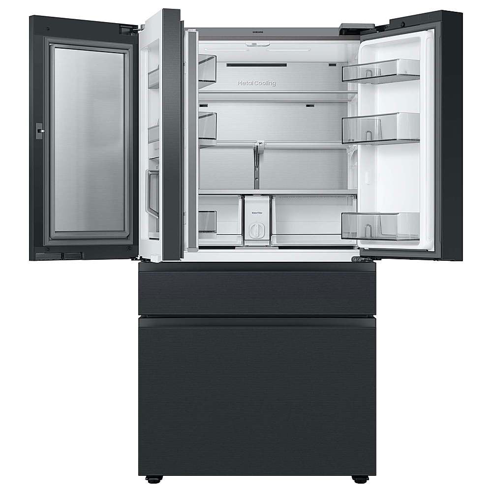 Refrigerador Samsung Bespoke RF23BB8900AC de 22,5 pies cúbicos con puerta francesa, 4 puertas y profundidad de mostrador, con panel superior izquierdo y Family Hub™ en vidrio color carbón