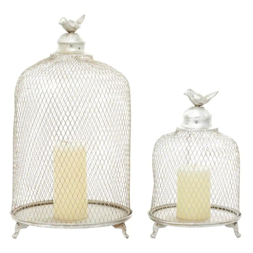 UMA Enterprises Contemporary 12" Metal Bird Candle Lantern (Set Of 2) - Silver