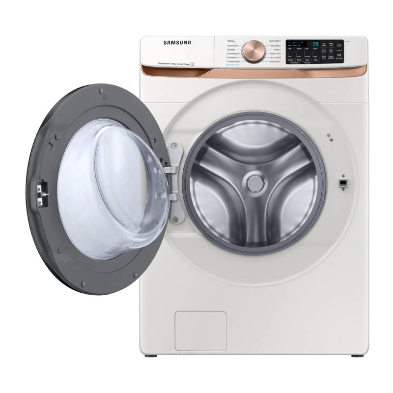 Bundle: Samsung 5.0 cu. ft. Smart Front Load Washer with Super Speed Wash and Steam + 7.5 cu. ft. Stackable Smart Gas Dryer with Steam and Sensor Dry - White