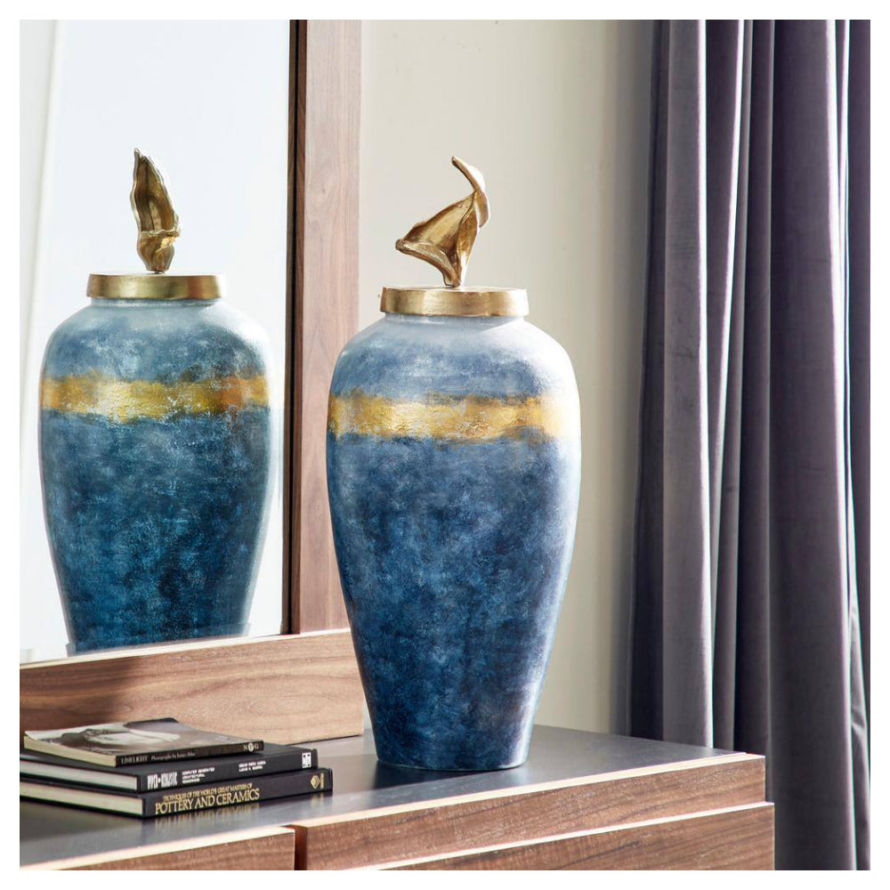 UMA Enterprises Coastal 27" Glass & Aluminum Vase with Lid - Blue/Gold