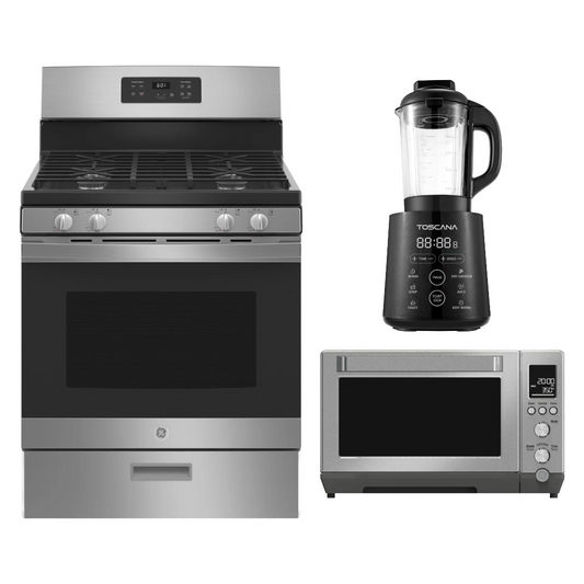 Bundle: GE JGBS61RPSS 4.8 cu.ft. 30" Freestanding Gas Range  + GE G90CABSSPSS Quartz 6-Slice Toaster Oven + Toscana PB04 600 Watt Deluxe Cooking Blender