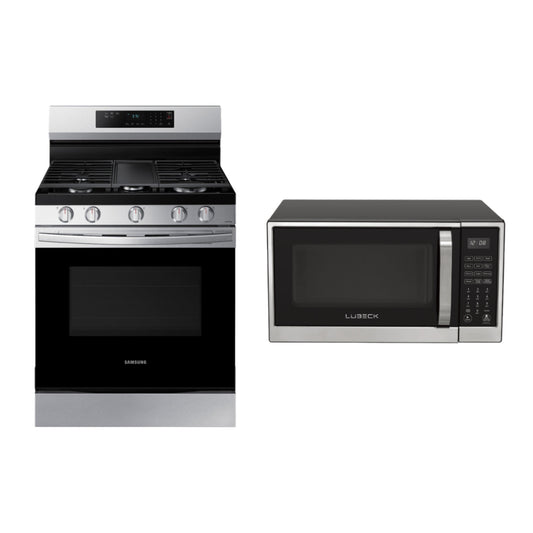 Bundle: Samsung 6.0 cu. ft. Freestanding Gas Range with 18K BTU Dual Power Burner & Self Clean + Lubeck 1.3 cu. ft. 1000 Watt Air Fry Microwave Oven - Silver