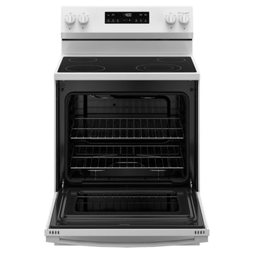 Cocina eléctrica independiente GE GRF400SVWW de 5,3 pies cúbicos con encimera radiante de 4 quemadores, color blanco