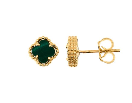 14K Yellow Gold Malachite Clover Earrings