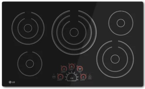 Cocina eléctrica LG LCE3610SB de 36" con superficie lisa radiante, 5 elementos, controles táctiles suaves y zona de calentamiento, color negro