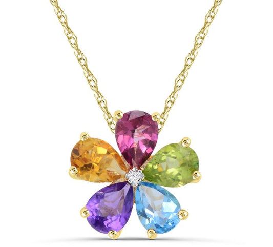 10K Yellow Gold Multi Color Flower Necklace