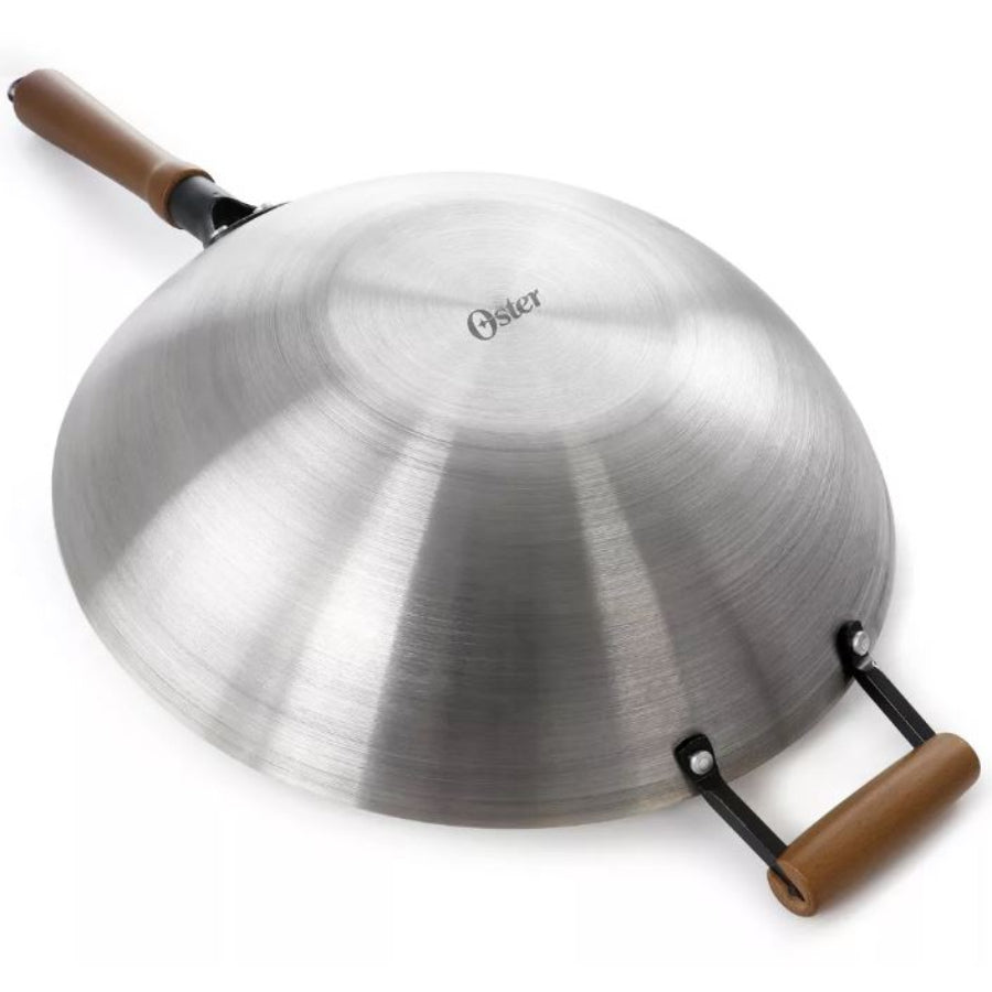 Oster Sangerfield 137514.01 14" Stainless Steel Flat Bottom Wok with Wooden Handles - Silver