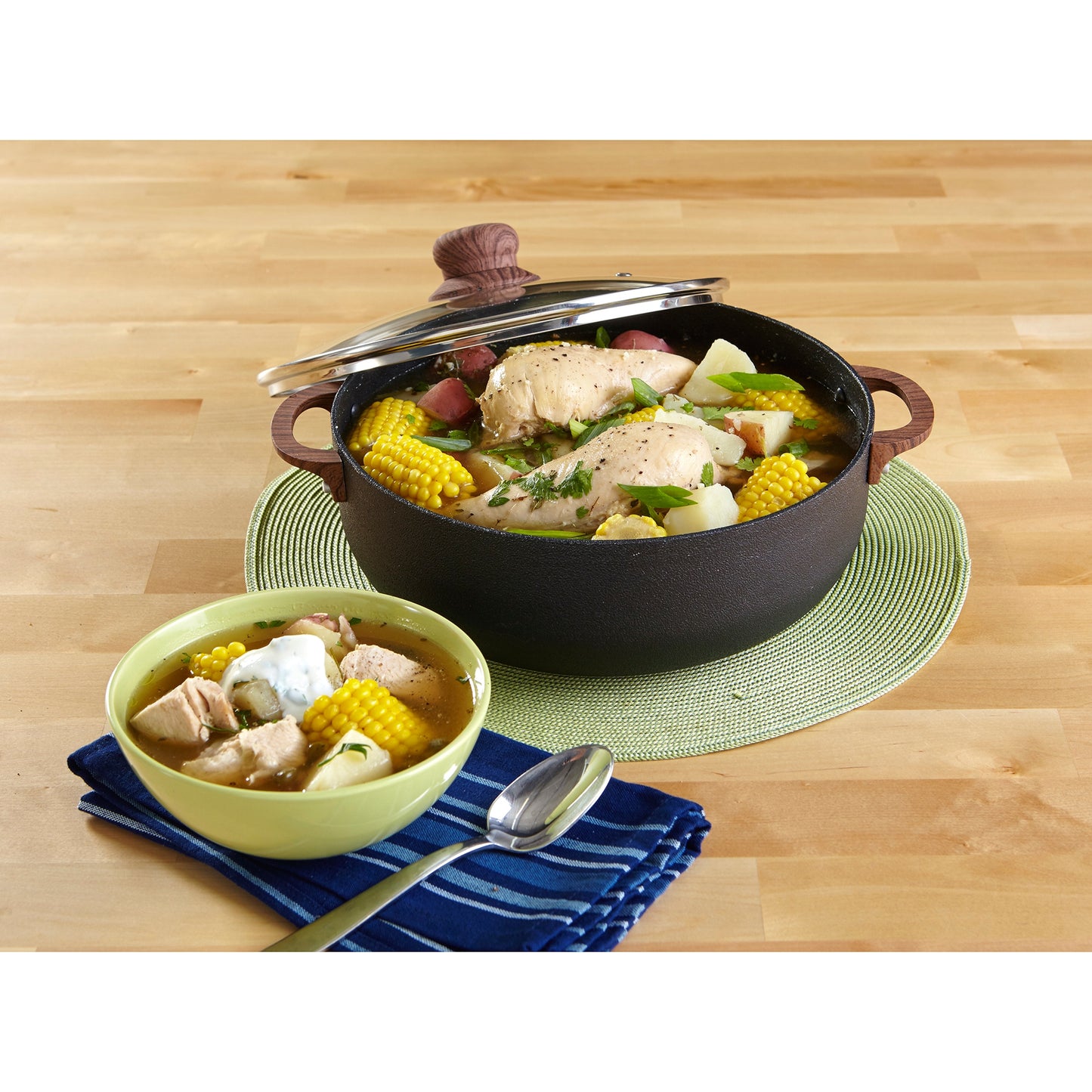 IMUSA 4.4 Quart Speckled PTFE Non-Stick Caldero with Glass Lid and Wood Look Handles - Black