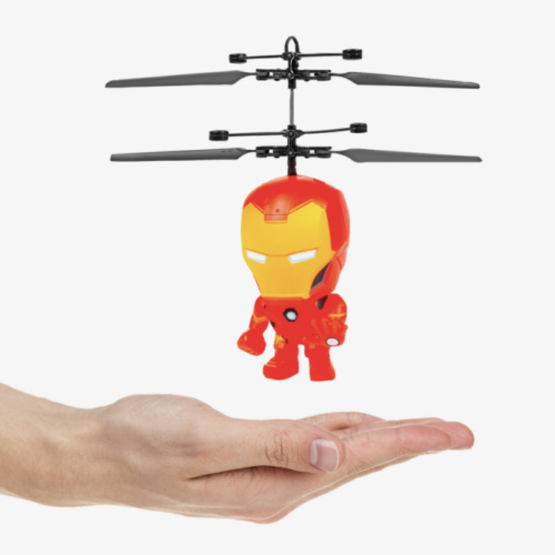 Figura voladora de Iron Man de Marvel con cabeza grande de OVNI IR y helicóptero