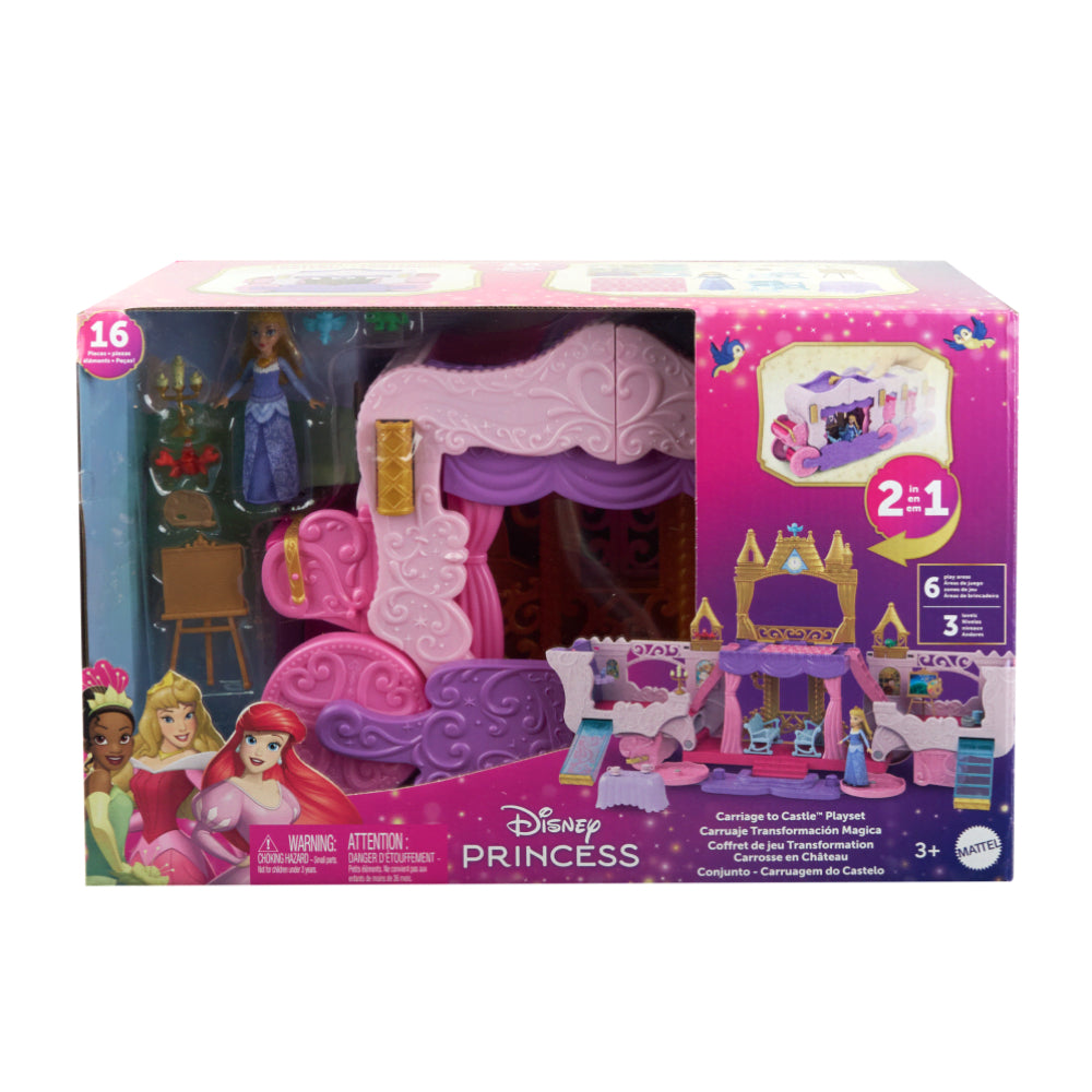 Juego transformable de carruaje de princesas Disney al castillo con muñeca pequeña Aurora