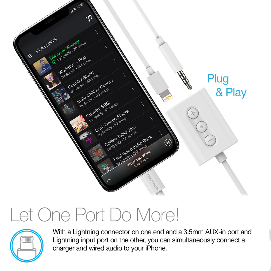 Adaptador de audio y carga Naztech de 3,5 mm con conector Lightning y MFi para iPhone (blanco)